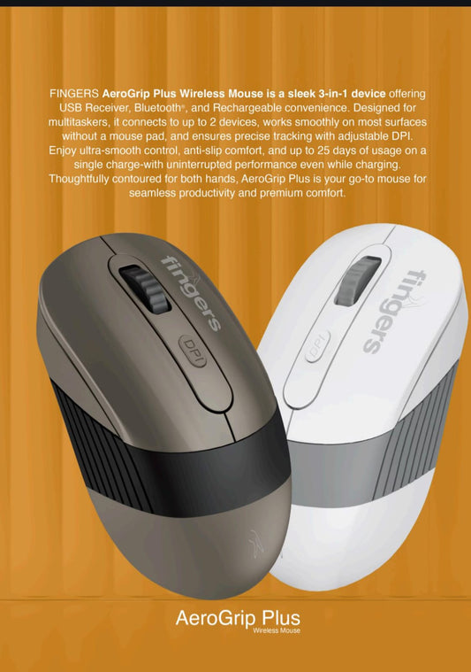 Fingers AeroGrip Plus Wireless Bluetooth Mouse 3-in-1, Adjustable DPI, Anti-Slip Grip (Ash Brown/white)