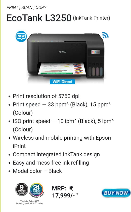 Epson L3250 Multi-function WiFi Color Ink Tank Printer  (4 Ink Bottles Included)