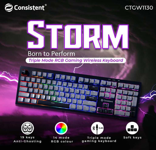 Consistent STORM Gaming Triple Mode Wireless RGB & MAC Support Keyboard for Windows, USB Plug-and-Play, Keystrokes, RGB lighting, Stylish Slim Design, 19 keys Anit-Ghosting.
